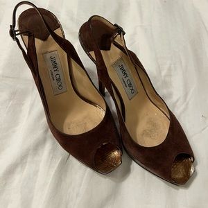 Worn and loved Jimmy Choo Clue Slingback BROWN SUEDE Pumps 36.5 Peep Toe Heels